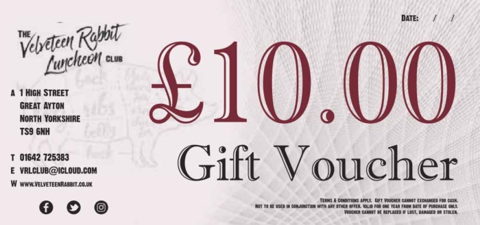 £10 Gift Voucher to Spend at The Velveteen Rabbit Luncheon Club in Great Ayton